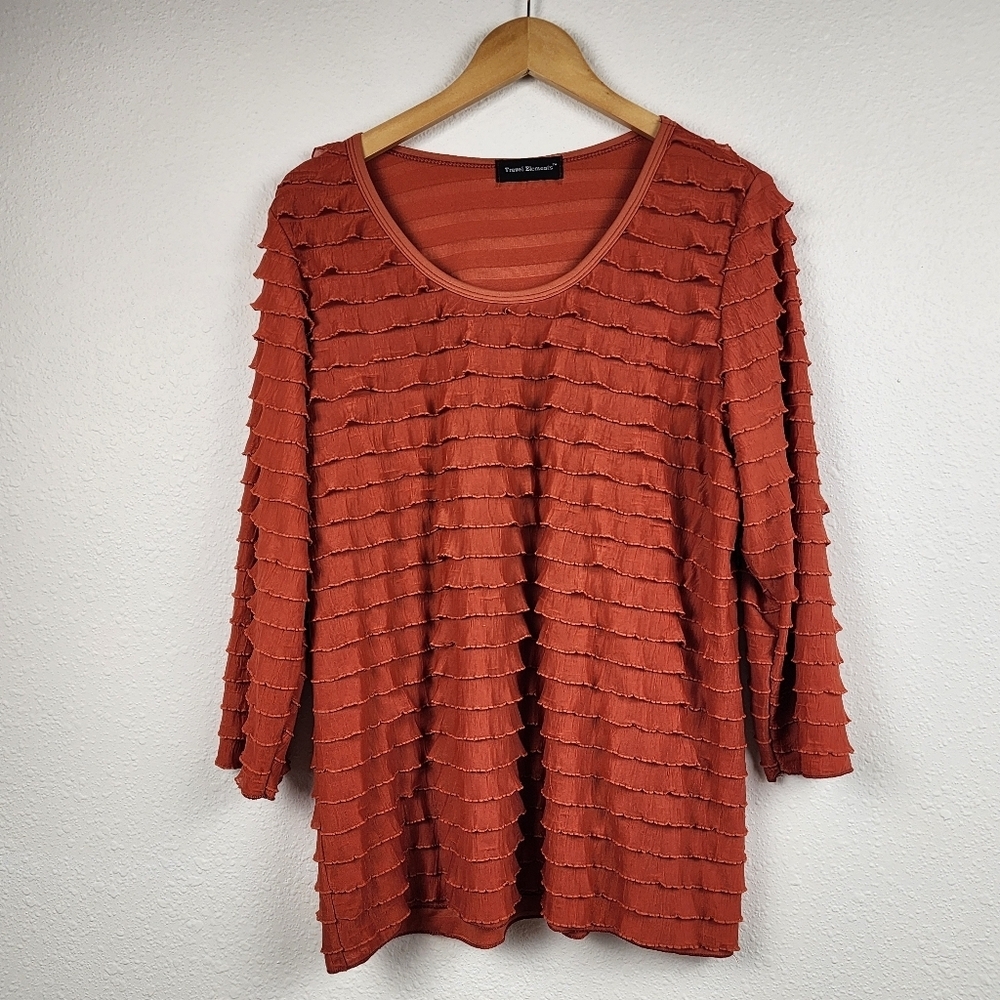 Travel Elements Ruffled Tiered Layers 3/4 Sleeve Burnt Orange Blouse Top Size XL